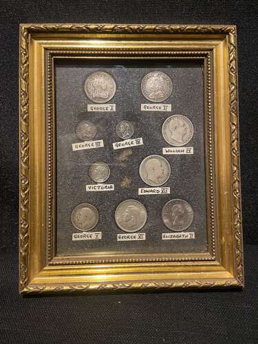 Framed Selection of English Silver Coinage House of Hanover and Windsor