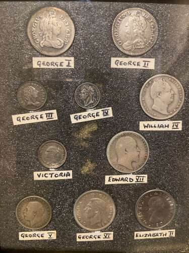 Framed Selection of English Silver Coinage House of Hanover and Windsor