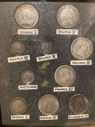 Framed Selection of English Silver Coinage House of Hanover and Windsor